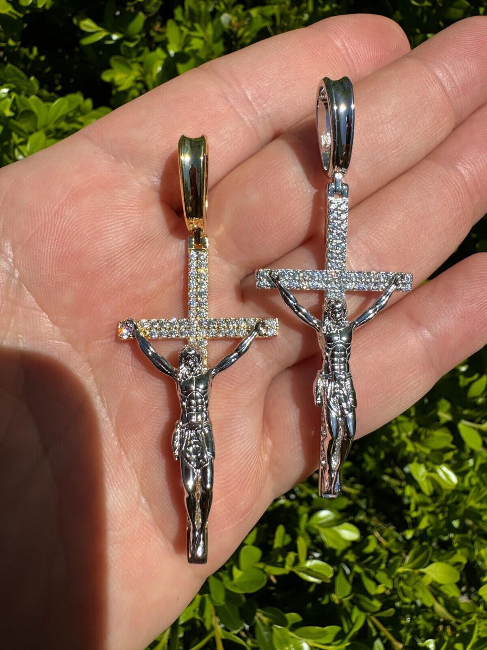 Crucifix Jesus Iced Out Hip Hop Cross Pendant - 14k Yellow Gold Vermeil Or 925 Silver - CZ Stones - Large 2.5"
