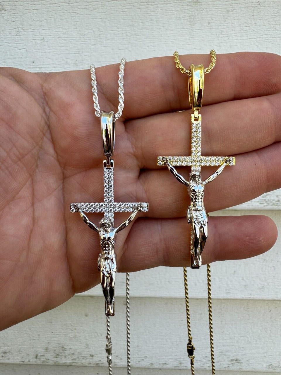 Crucifix Jesus Iced Out Hip Hop Cross Pendant - 14k Yellow Gold Vermeil Or 925 Silver - CZ Stones - Large 2.5"