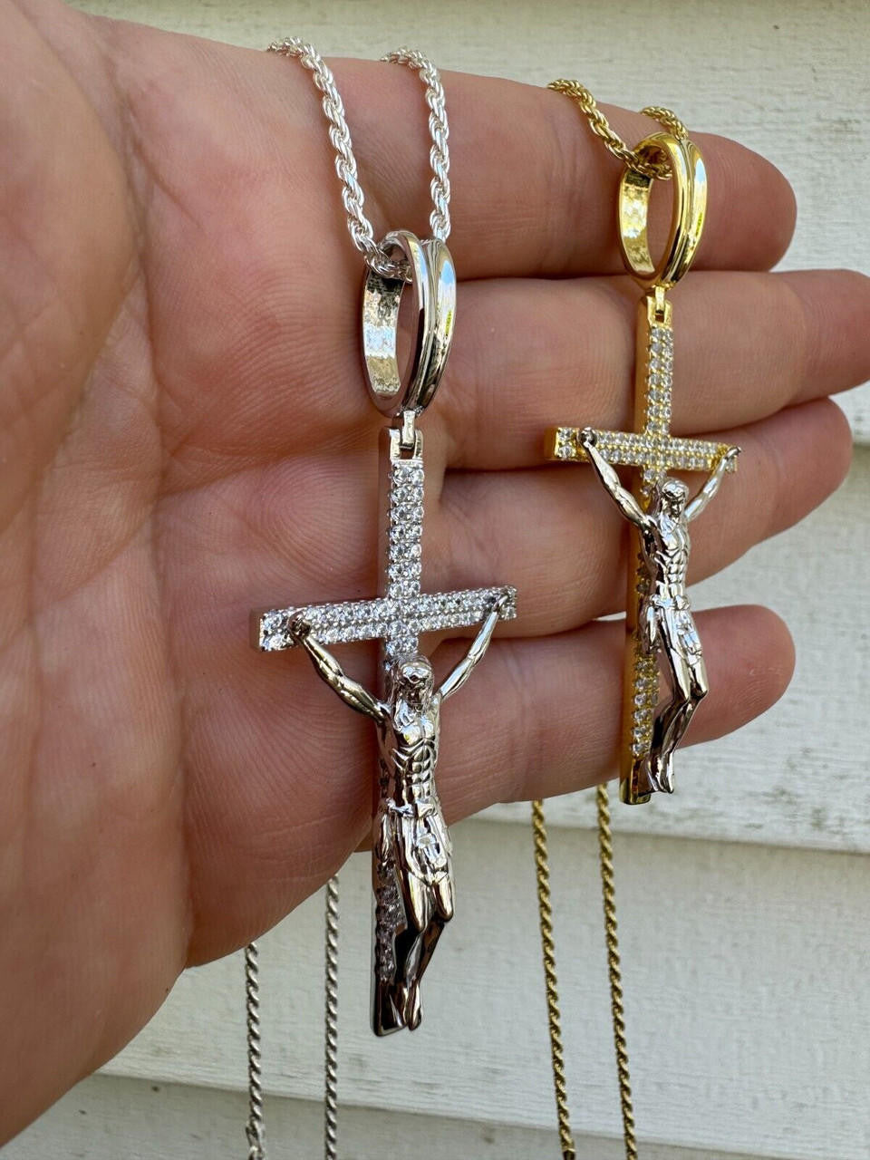 Crucifix Jesus Iced Out Hip Hop Cross Pendant - 14k Yellow Gold Vermeil Or 925 Silver - CZ Stones - Large 2.5"