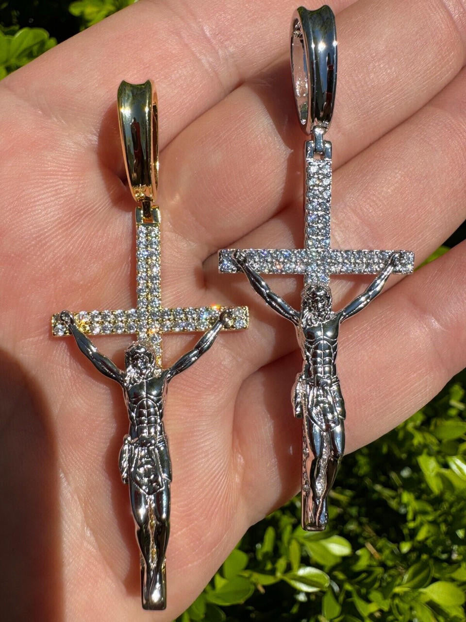 Crucifix Jesus Iced Out Hip Hop Cross Pendant - 14k Yellow Gold Vermeil Or 925 Silver - CZ Stones - Large 2.5"
