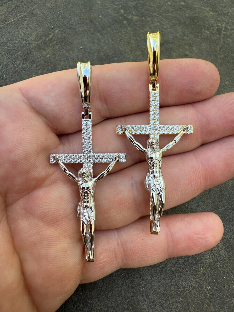 Crucifix Jesus Iced Out Hip Hop Cross Pendant - 14k Yellow Gold Vermeil Or 925 Silver - CZ Stones - Large 2.5"