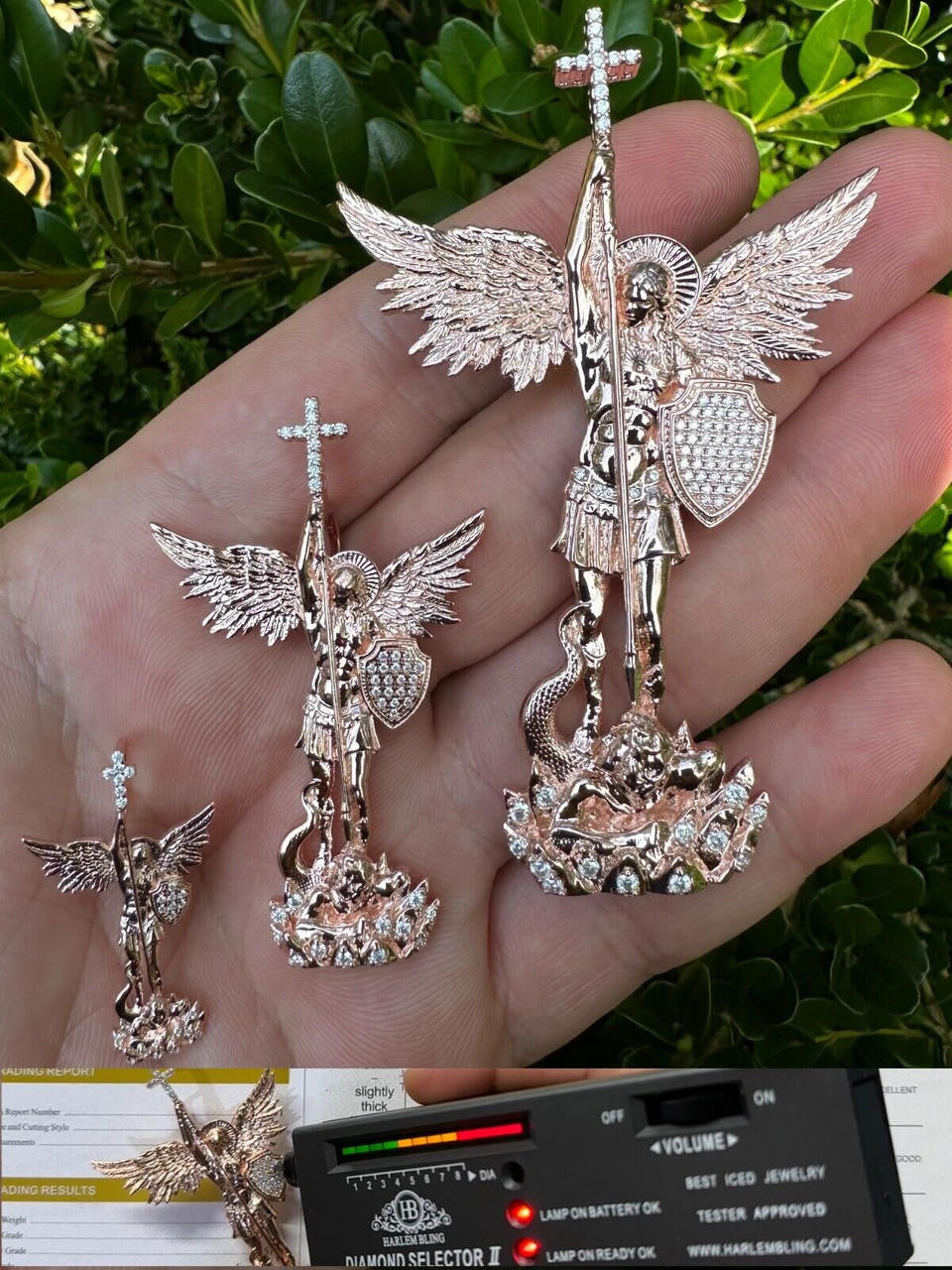 MOISSANITE Saint St Michael Slaying Dragon Archangel Pendant - 14k Rose Vermeil 925 Silver  - 3 Sizes 1"-3"