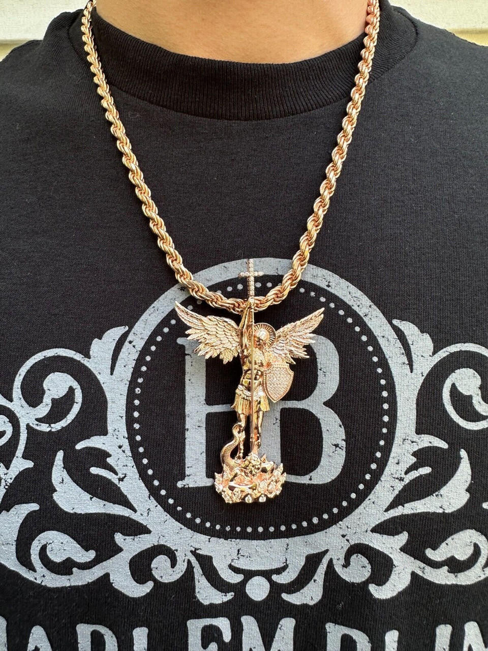 MOISSANITE Saint St Michael Slaying Dragon Archangel Pendant - 14k Rose Vermeil 925 Silver  - 3 Sizes 1"-3"