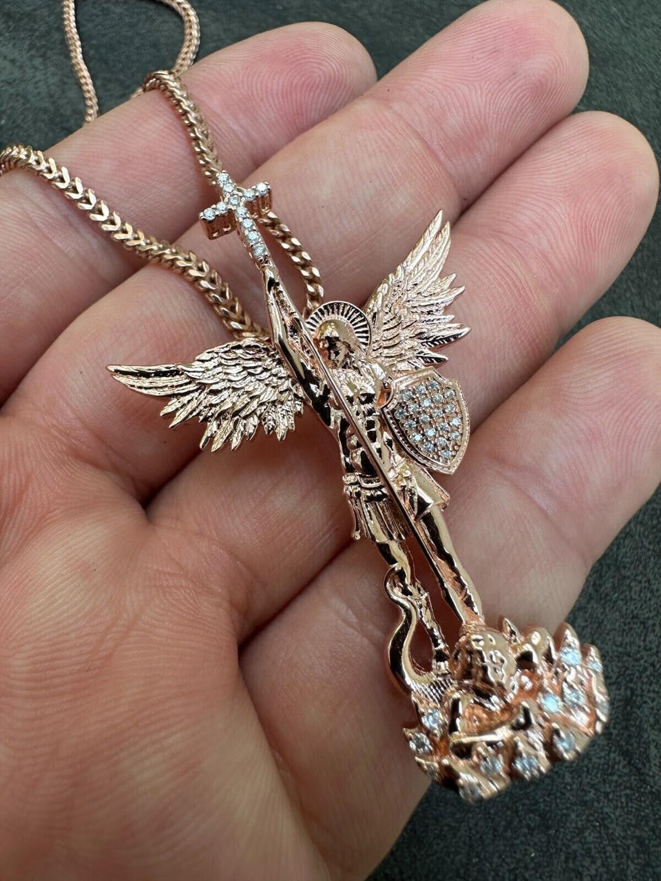 MOISSANITE Saint St Michael Slaying Dragon Archangel Pendant - 14k Rose Vermeil 925 Silver  - 3 Sizes 1"-3"