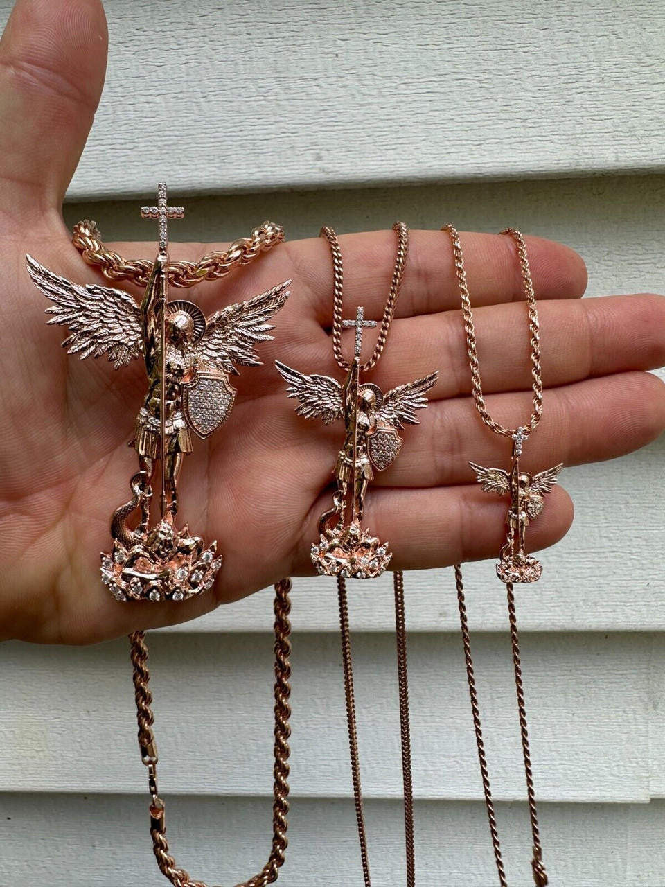 MOISSANITE Saint St Michael Slaying Dragon Archangel Pendant - 14k Rose Vermeil 925 Silver  - 3 Sizes 1"-3"