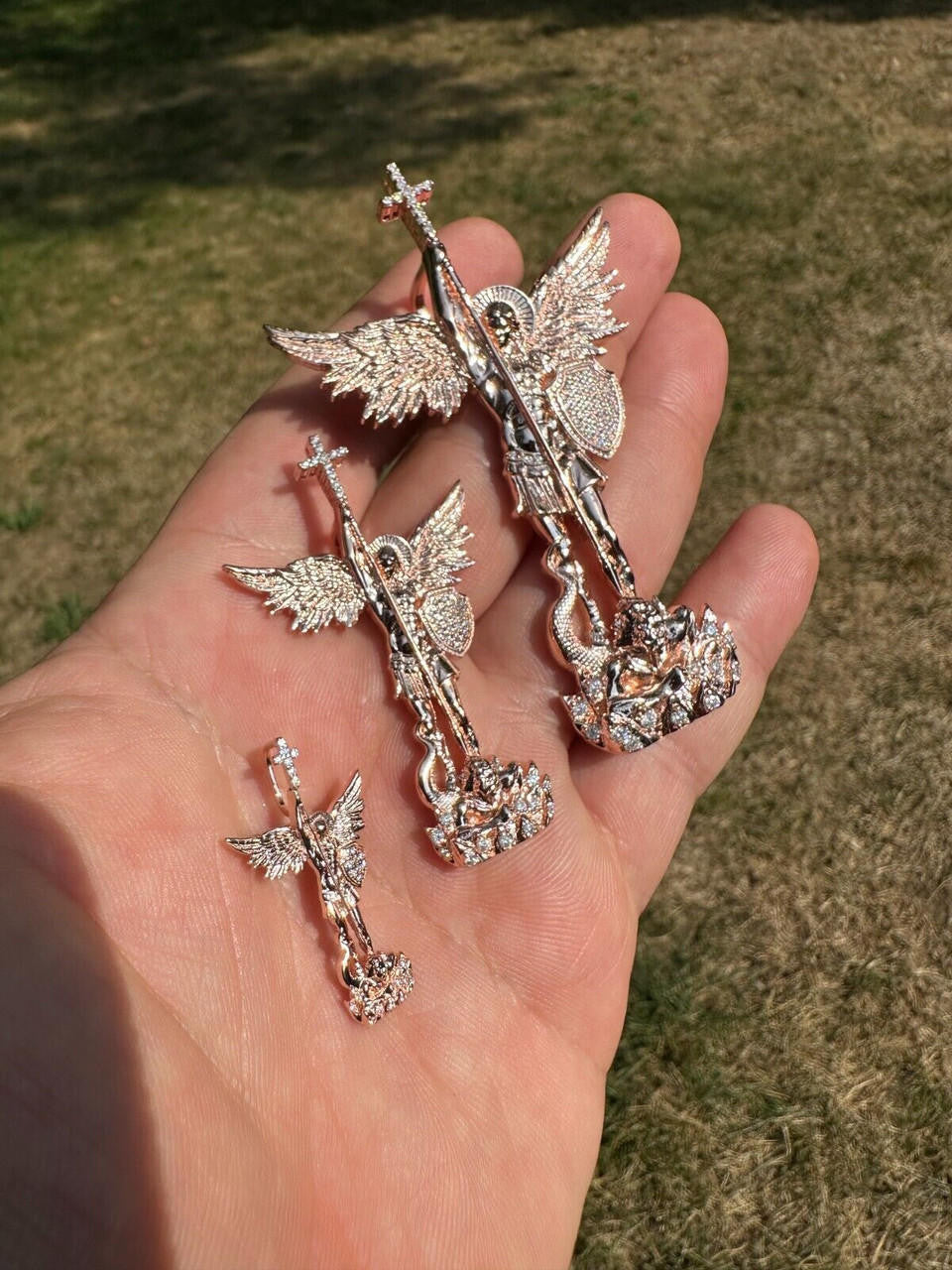 MOISSANITE Saint St Michael Slaying Dragon Archangel Pendant - 14k Rose Vermeil 925 Silver  - 3 Sizes 1"-3"