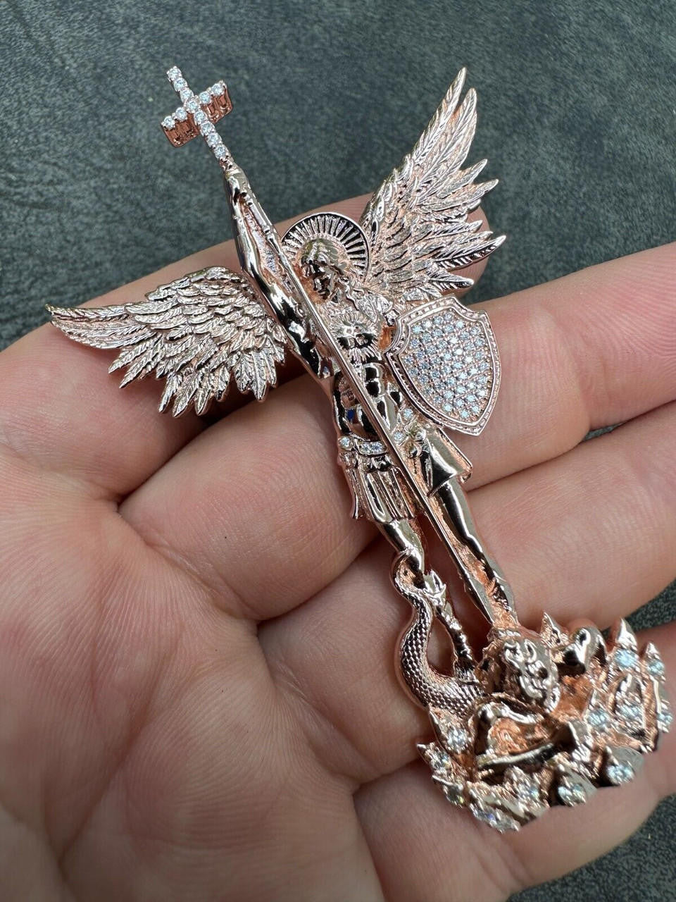 MOISSANITE Saint St Michael Slaying Dragon Archangel Pendant - 14k Rose Vermeil 925 Silver  - 3 Sizes 1"-3"