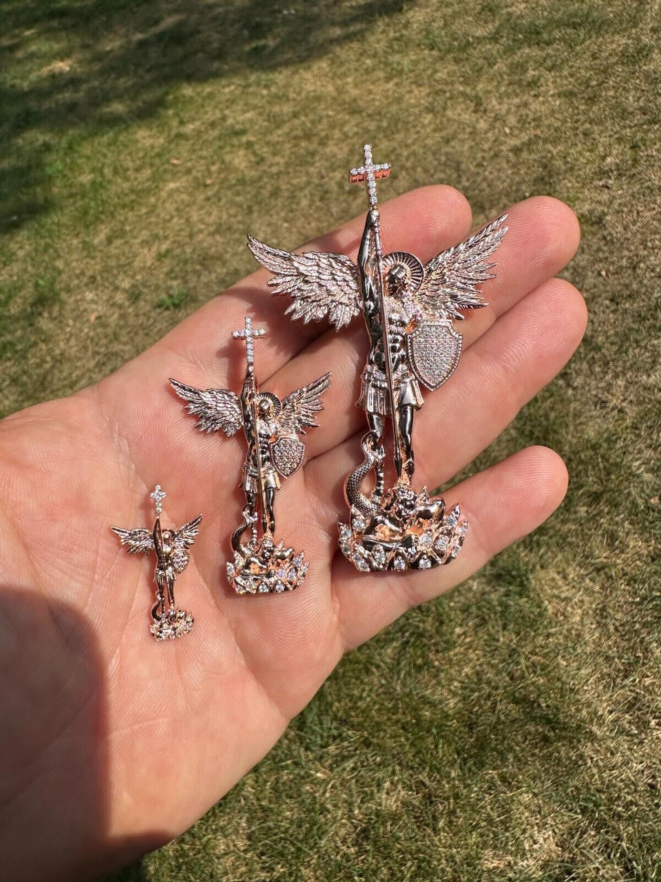 MOISSANITE Saint St Michael Slaying Dragon Archangel Pendant - 14k Rose Vermeil 925 Silver  - 3 Sizes 1"-3"