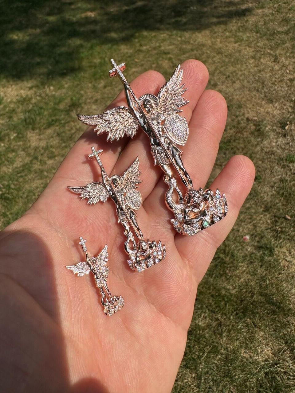 MOISSANITE Saint St Michael Slaying Dragon Archangel Pendant - 14k Rose Vermeil 925 Silver  - 3 Sizes 1"-3"
