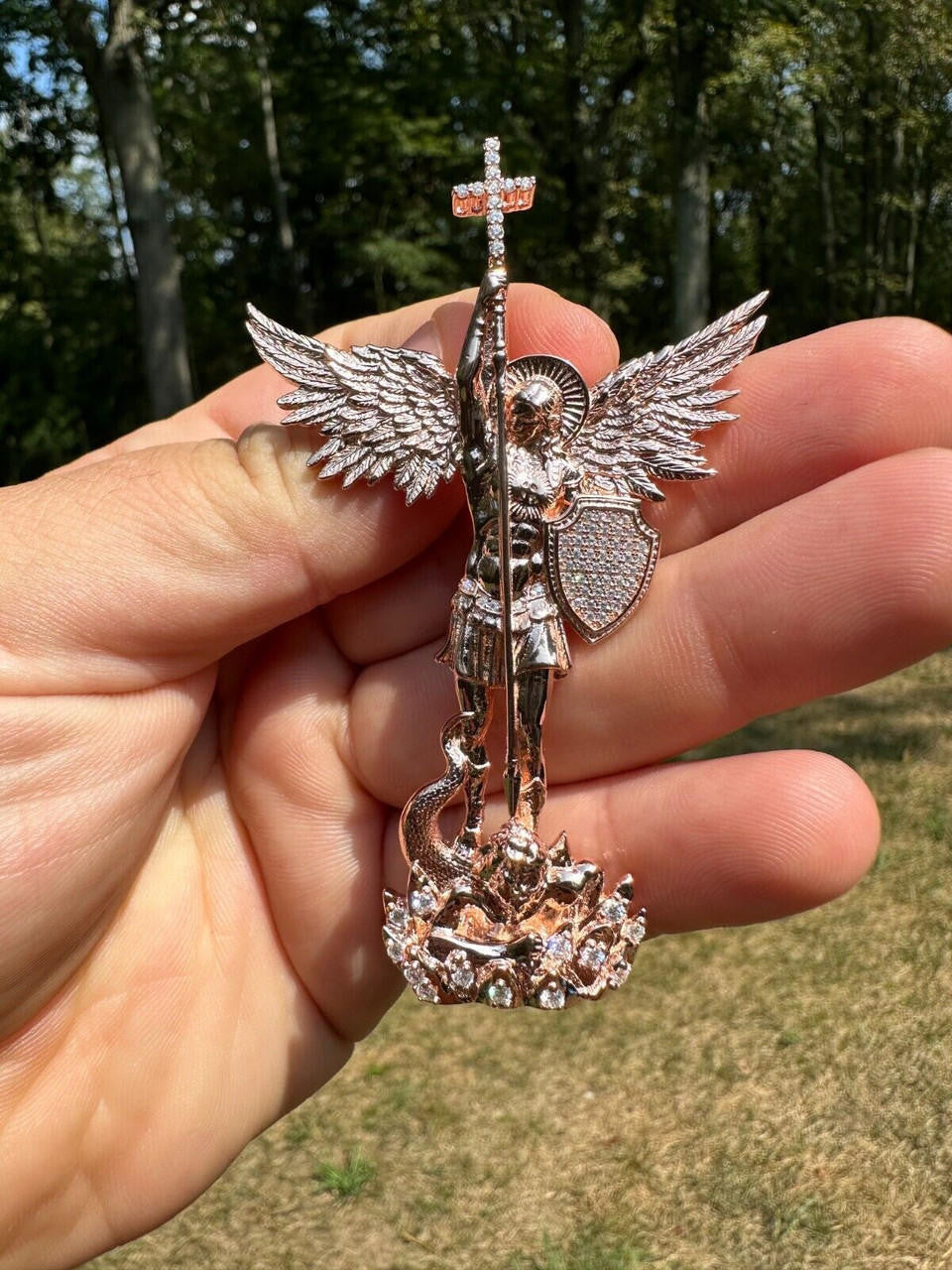 MOISSANITE Saint St Michael Slaying Dragon Archangel Pendant - 14k Rose Vermeil 925 Silver  - 3 Sizes 1"-3"