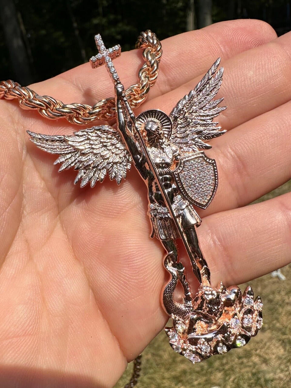 MOISSANITE Saint St Michael Slaying Dragon Archangel Pendant - 14k Rose Vermeil 925 Silver  - 3 Sizes 1"-3"