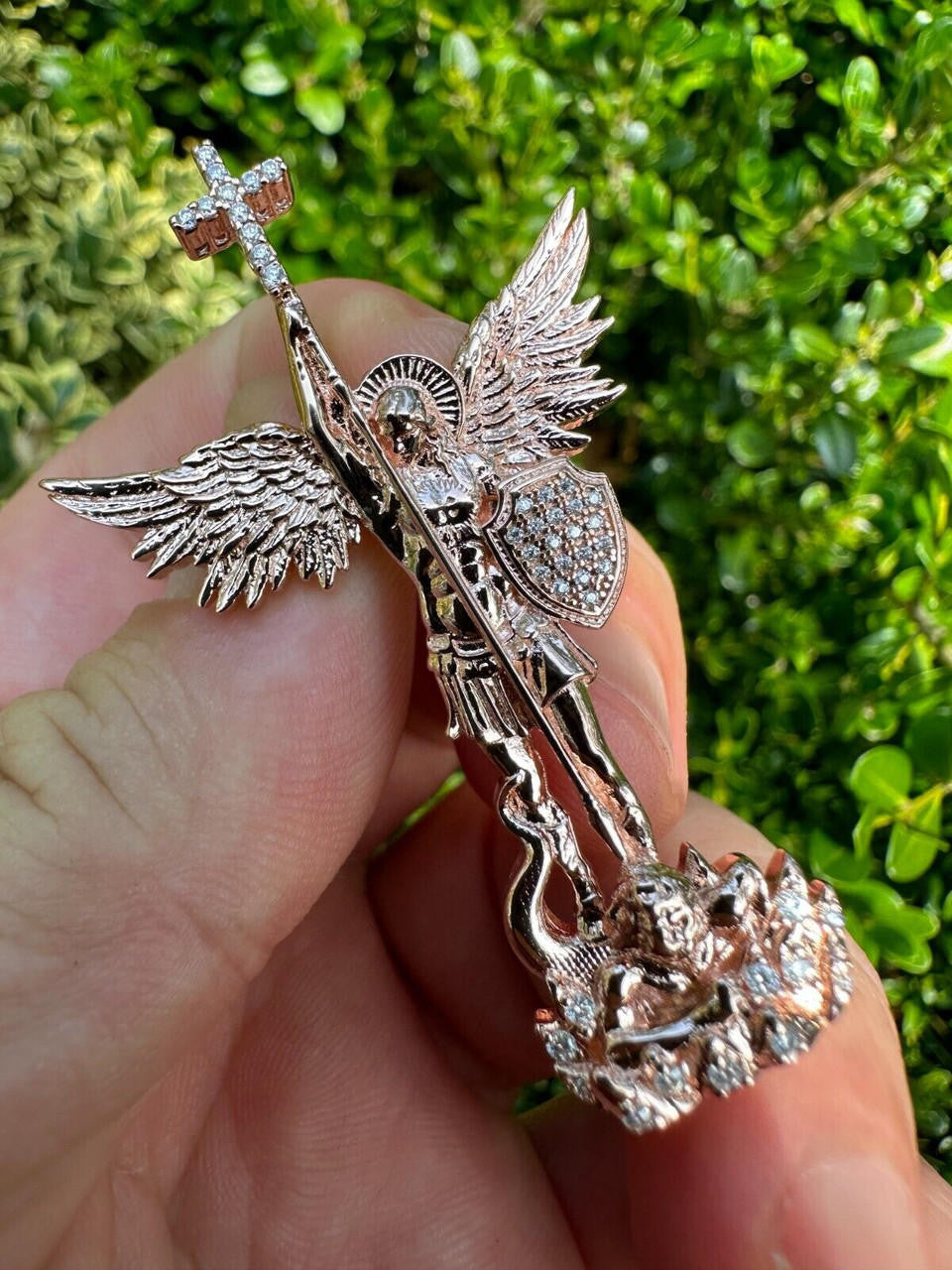 MOISSANITE Saint St Michael Slaying Dragon Archangel Pendant - 14k Rose Vermeil 925 Silver  - 3 Sizes 1"-3"