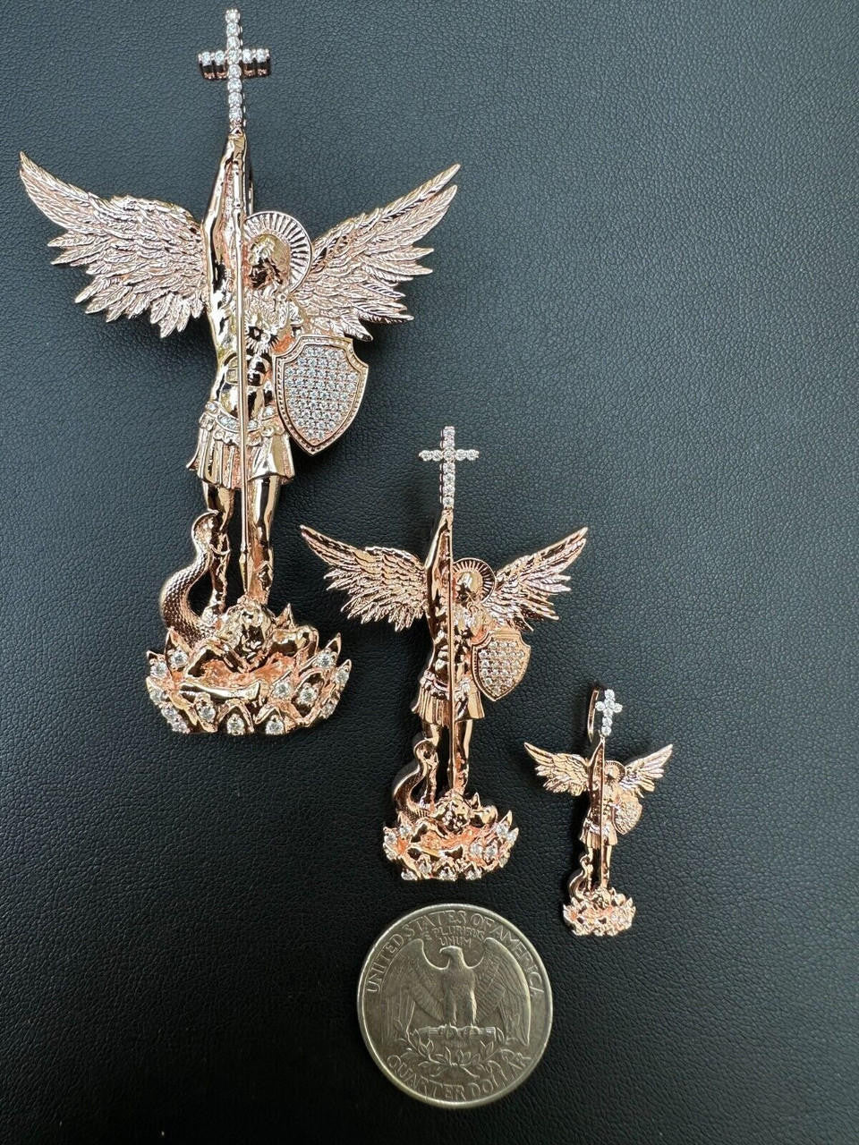 MOISSANITE Saint St Michael Slaying Dragon Archangel Pendant - 14k Rose Vermeil 925 Silver  - 3 Sizes 1"-3"