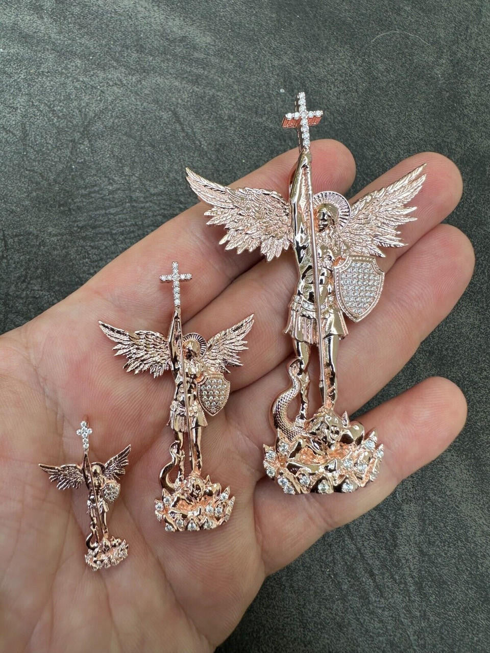 MOISSANITE Saint St Michael Slaying Dragon Archangel Pendant - 14k Rose Vermeil 925 Silver  - 3 Sizes 1"-3"