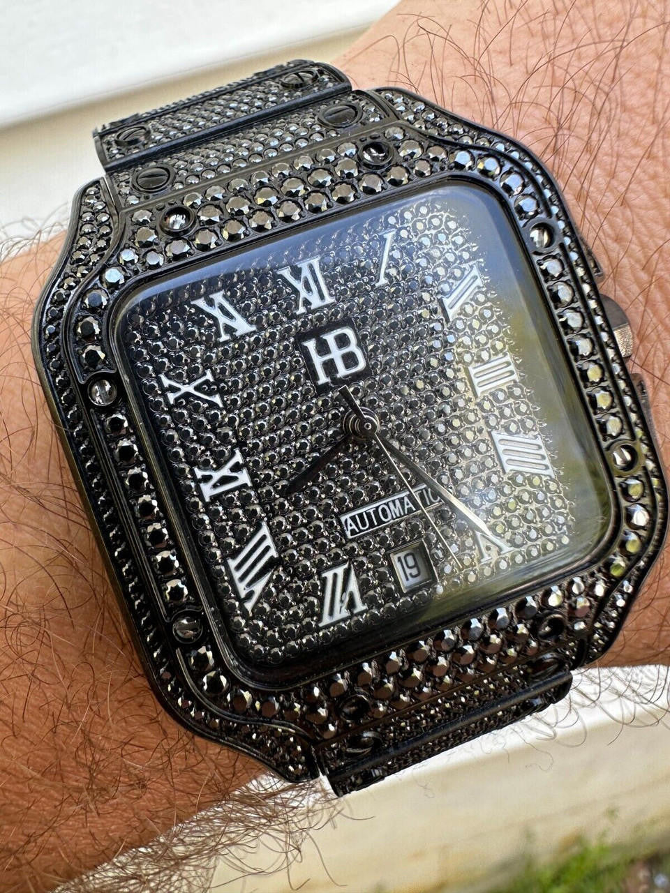 Real Mens 16ct Black MOISSANITE Watch Iced Automatic Movement Hip Hop Bust Down