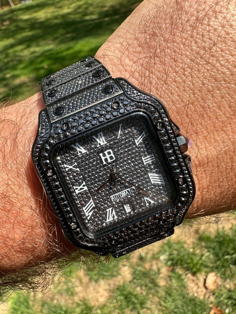 Real Mens 16ct Black MOISSANITE Watch Iced Automatic Movement Hip Hop Bust Down