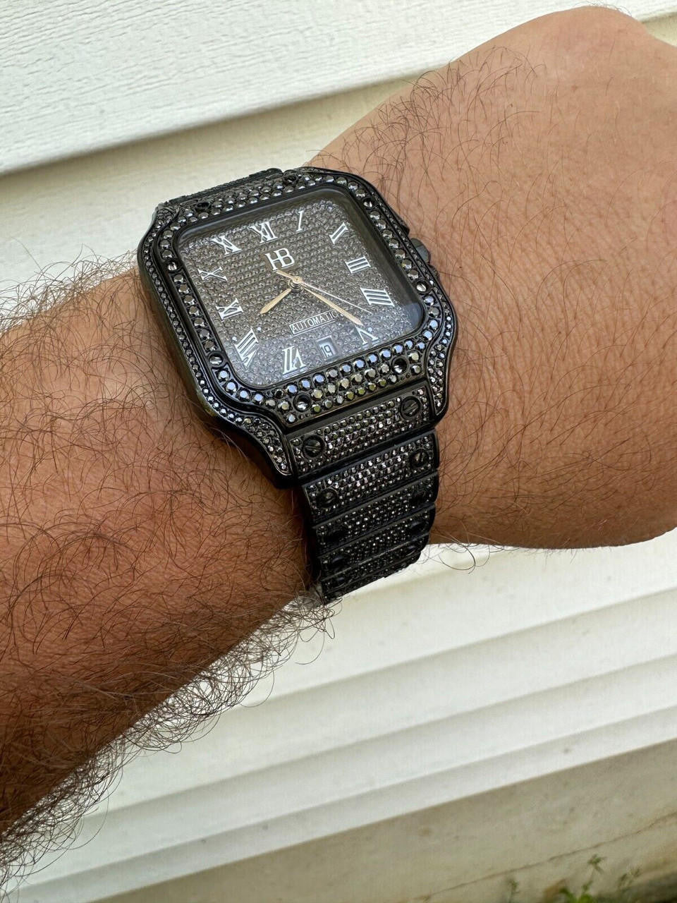 Real Mens 16ct Black MOISSANITE Watch Iced Automatic Movement Hip Hop Bust Down