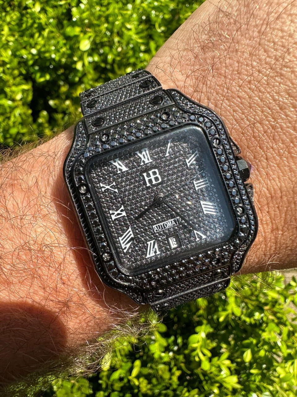 Real Mens 16ct Black MOISSANITE Watch Iced Automatic Movement Hip Hop Bust Down