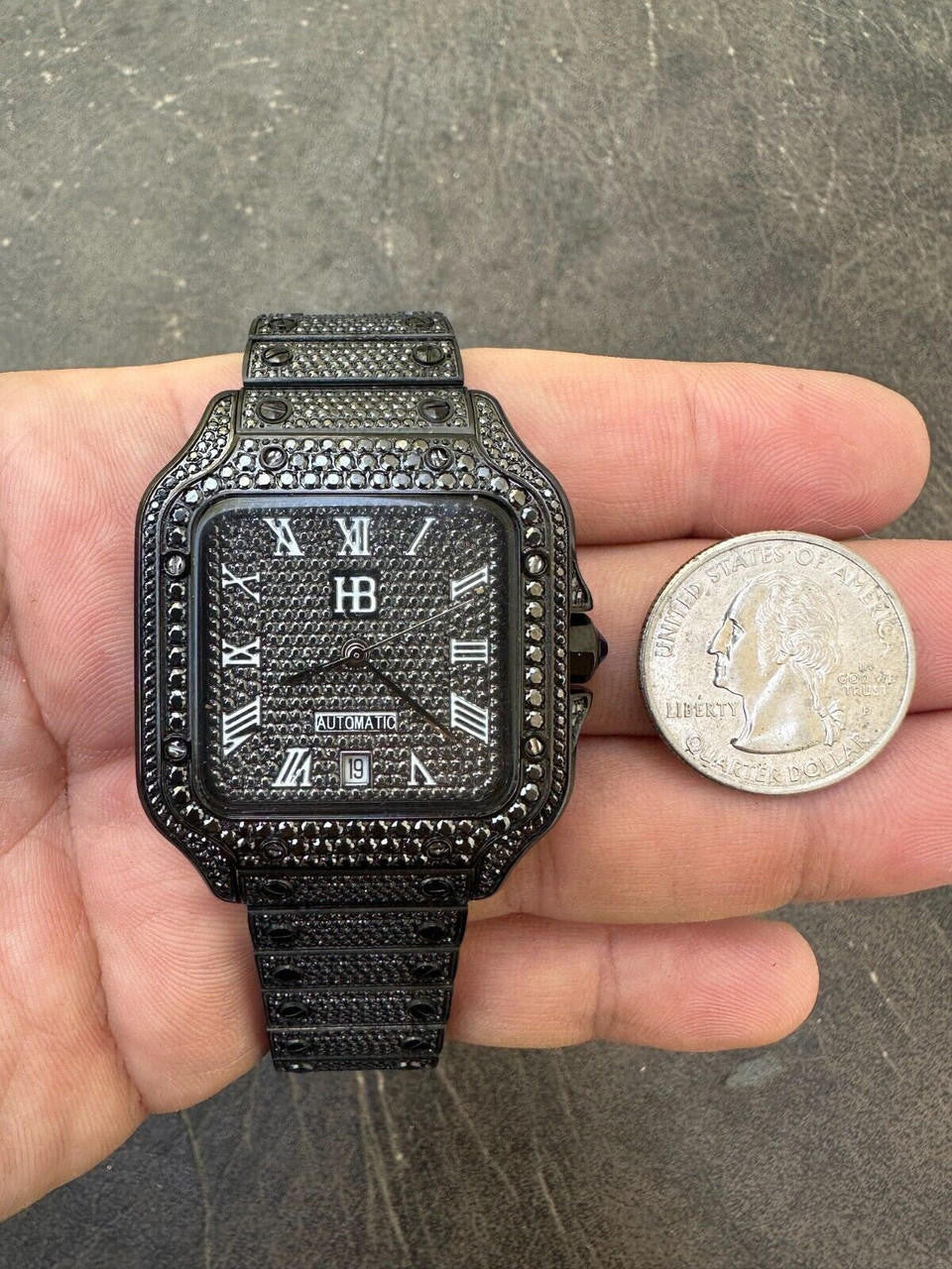 Real Mens 16ct Black MOISSANITE Watch Iced Automatic Movement Hip Hop Bust Down