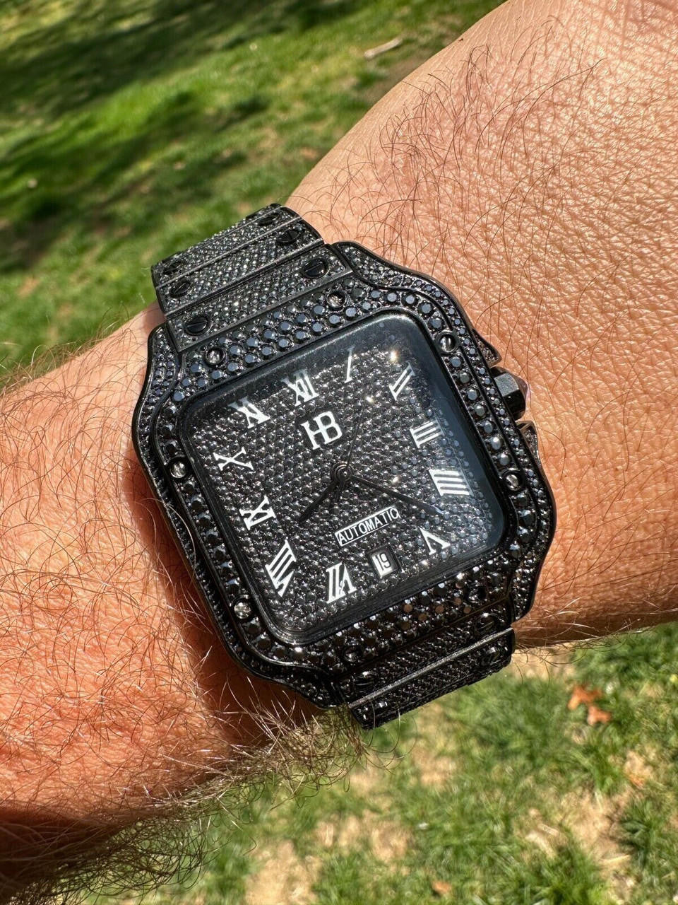 Real Mens 16ct Black MOISSANITE Watch Iced Automatic Movement Hip Hop Bust Down