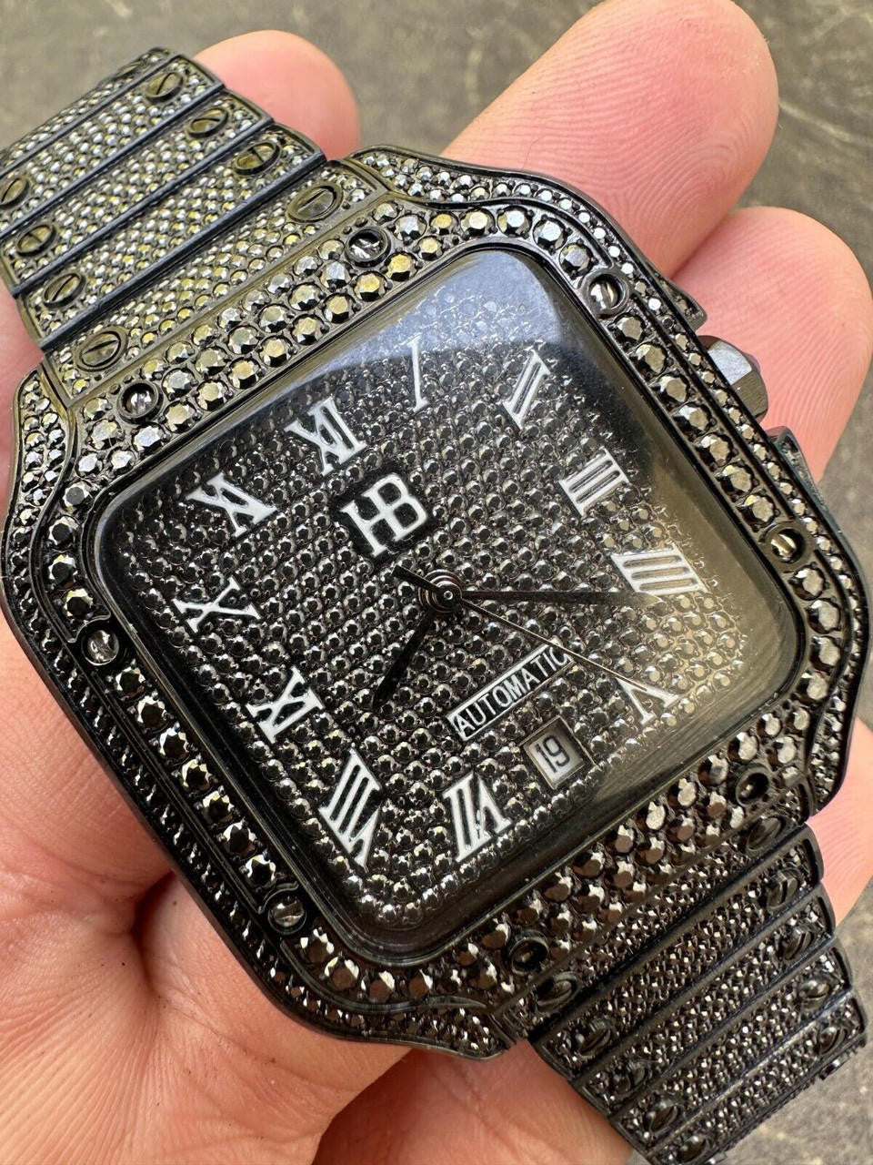 Real Mens 16ct Black MOISSANITE Watch Iced Automatic Movement Hip Hop Bust Down