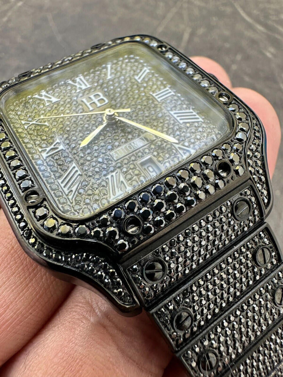 Real Mens 16ct Black MOISSANITE Watch Iced Automatic Movement Hip Hop Bust Down