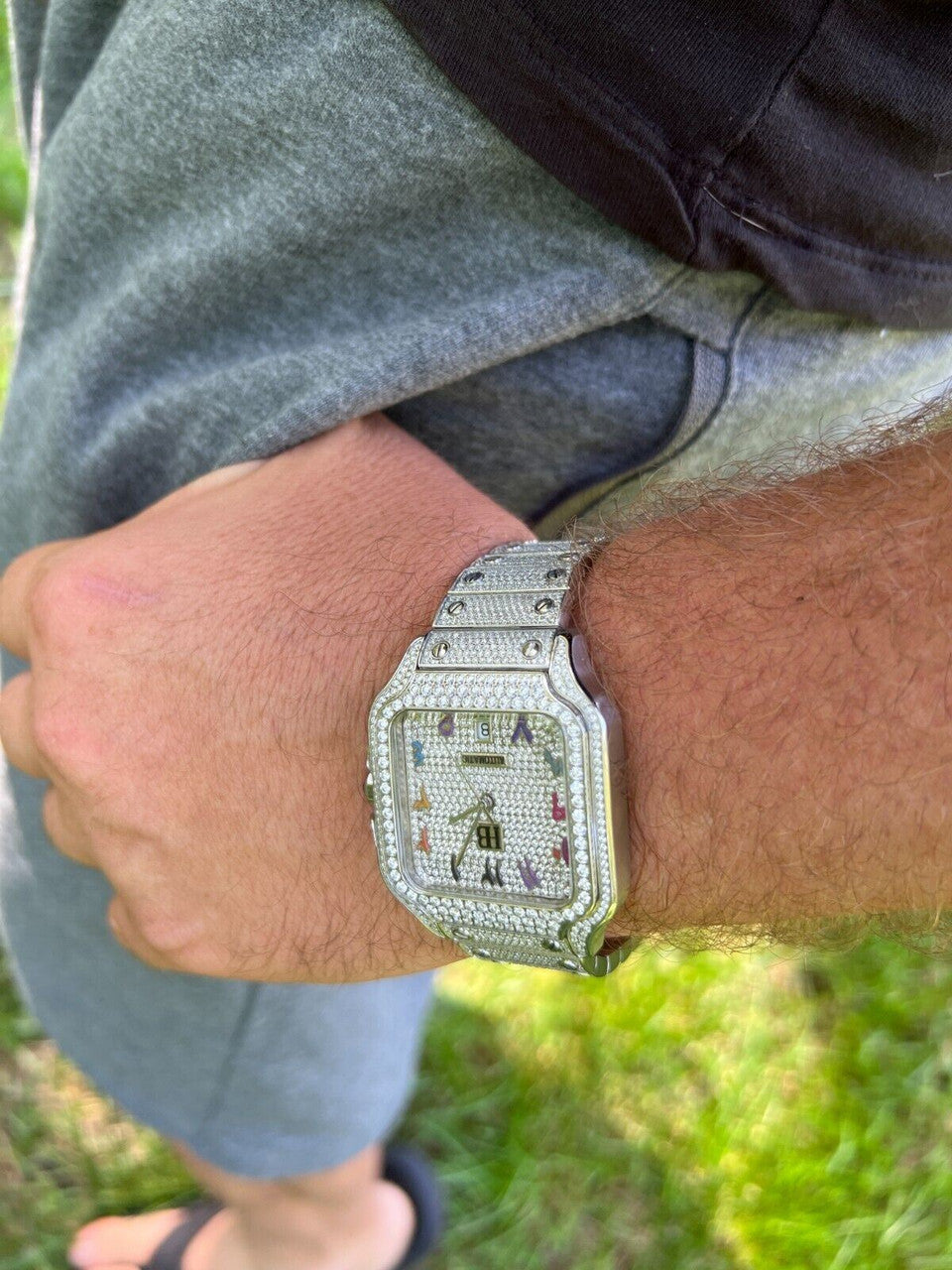 Real Mens 16ct MOISSANITE Watch Iced Automatic Movement Hip Hop Arabic Numbers