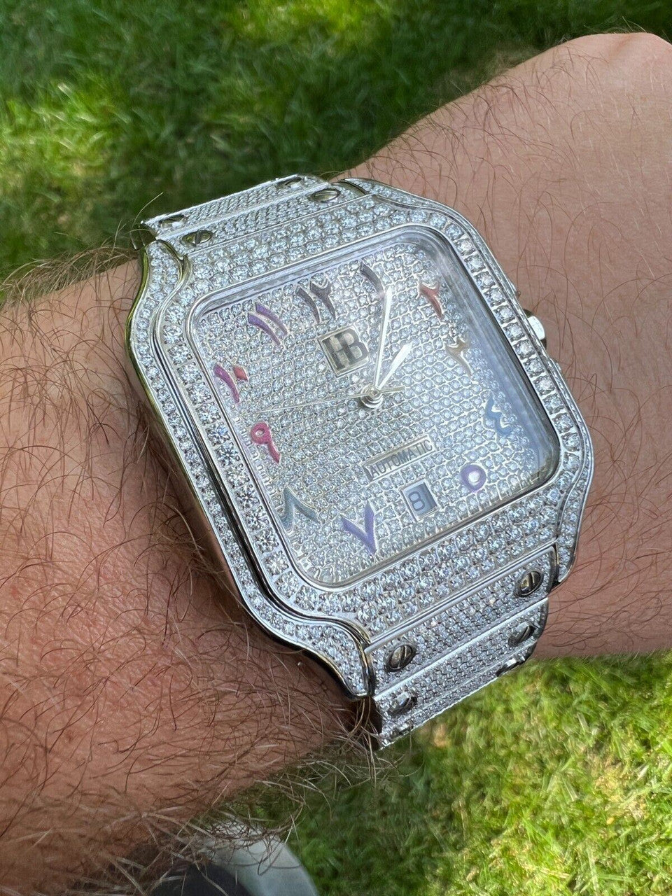 Real Mens 16ct MOISSANITE Watch Iced Automatic Movement Hip Hop Arabic Numbers