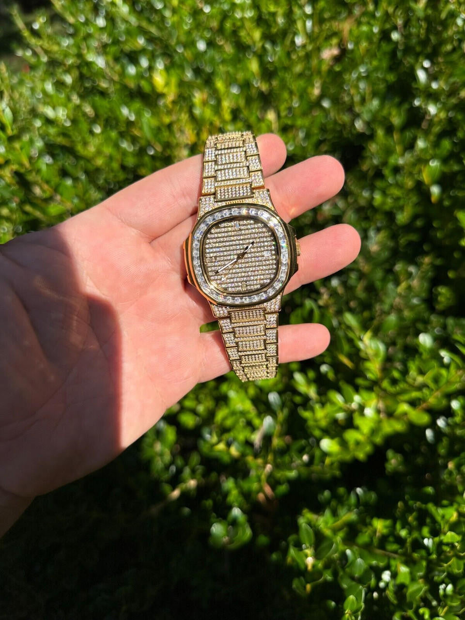 Real Mens Baguette 14k Gold Real MOISSANITE Watch Iced Automatic Movement HipHop