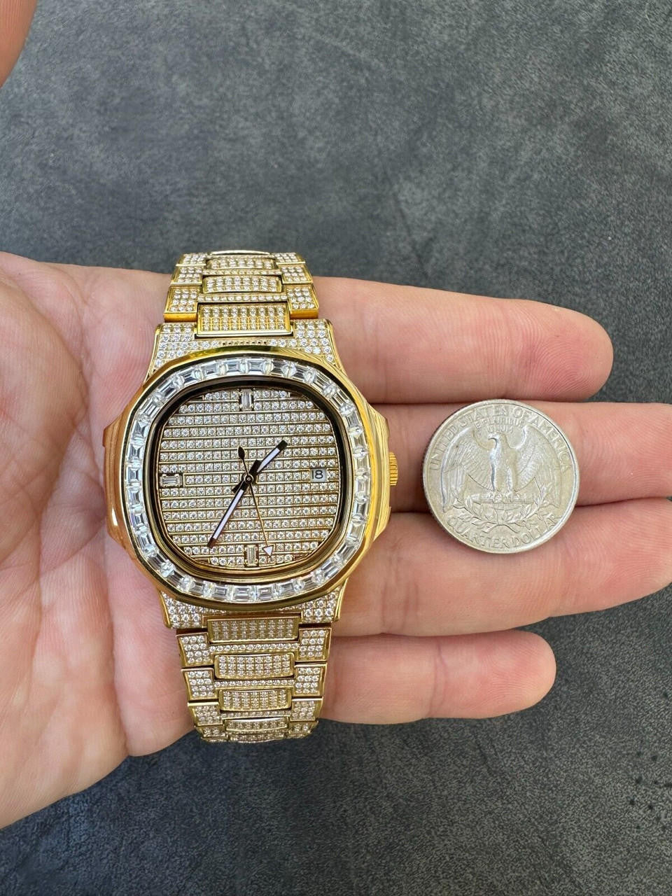 Real Mens Baguette 14k Gold Real MOISSANITE Watch Iced Automatic Movement HipHop