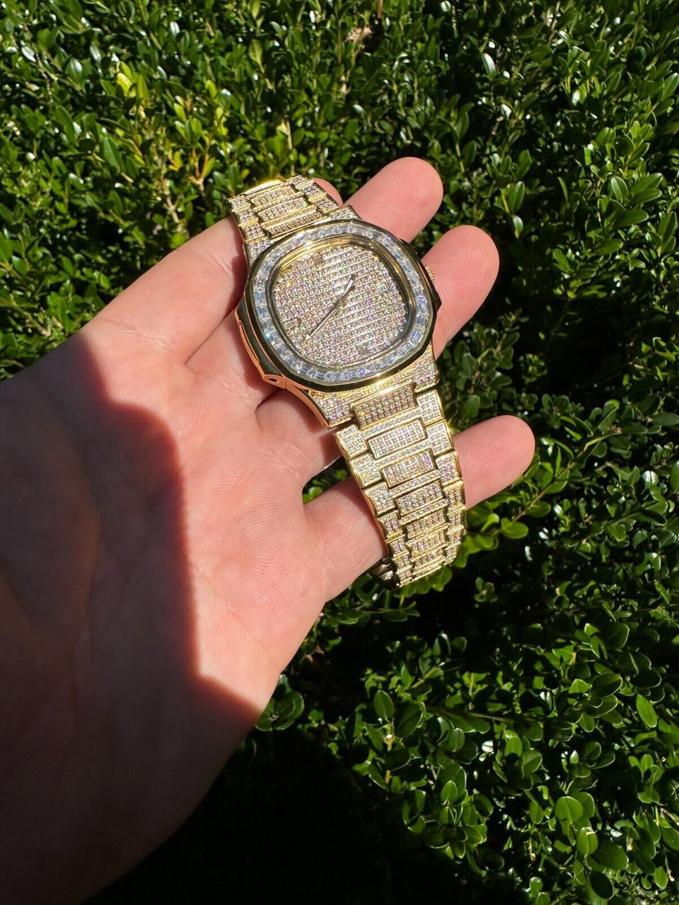 Real Mens Baguette 14k Gold Real MOISSANITE Watch Iced Automatic Movement HipHop