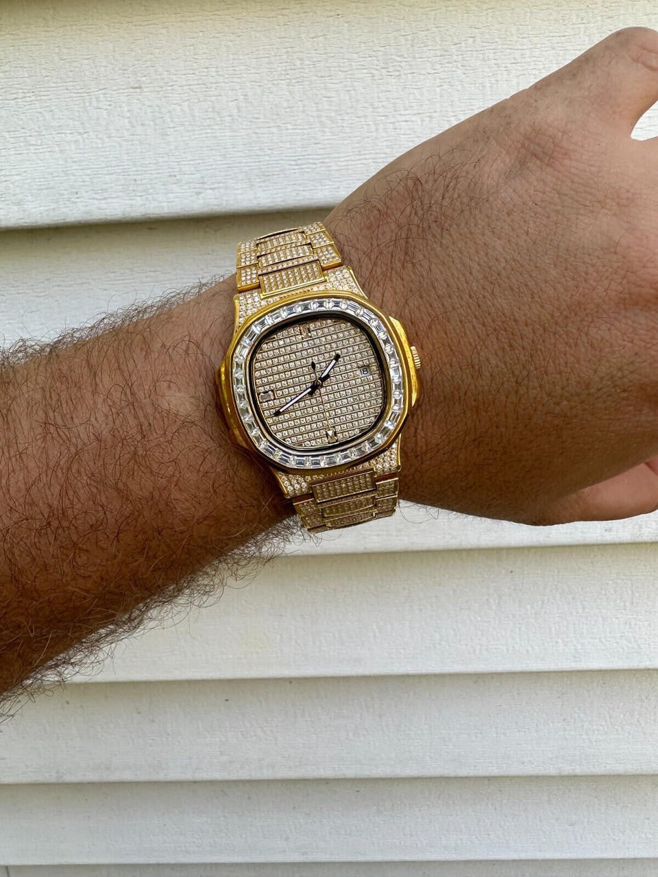 Real Mens Baguette 14k Gold Real MOISSANITE Watch Iced Automatic Movement HipHop