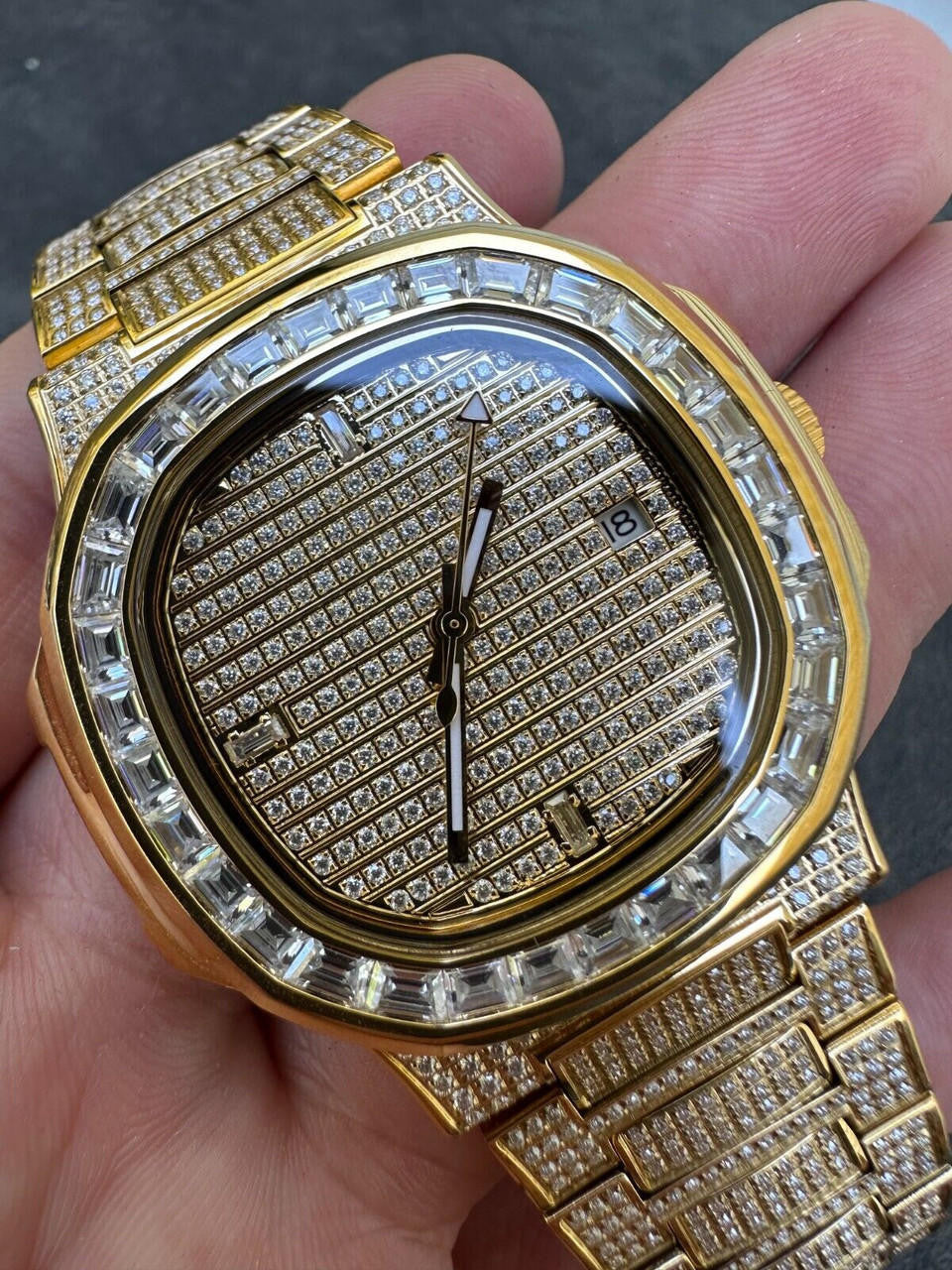 Real Mens Baguette 14k Gold Real MOISSANITE Watch Iced Automatic Movement HipHop