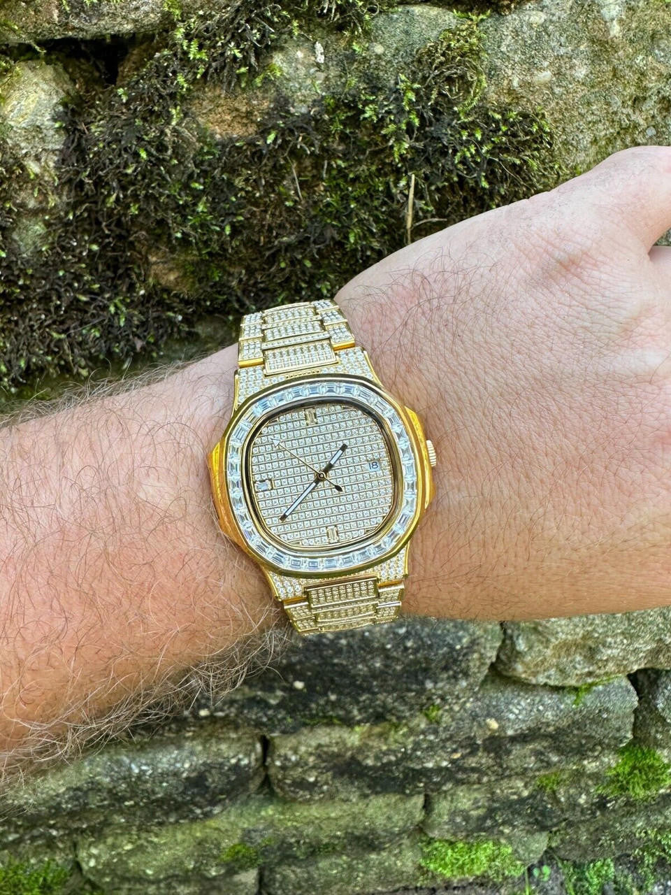 Real Mens Baguette 14k Gold Real MOISSANITE Watch Iced Automatic Movement HipHop