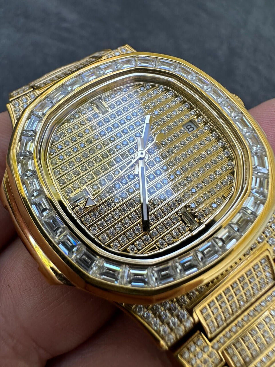 Real Mens Baguette 14k Gold Real MOISSANITE Watch Iced Automatic Movement HipHop