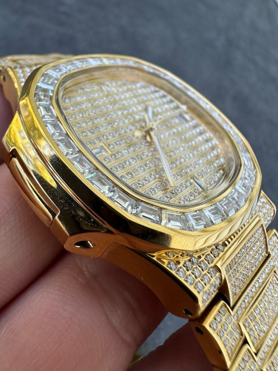 Real Mens Baguette 14k Gold Real MOISSANITE Watch Iced Automatic Movement HipHop