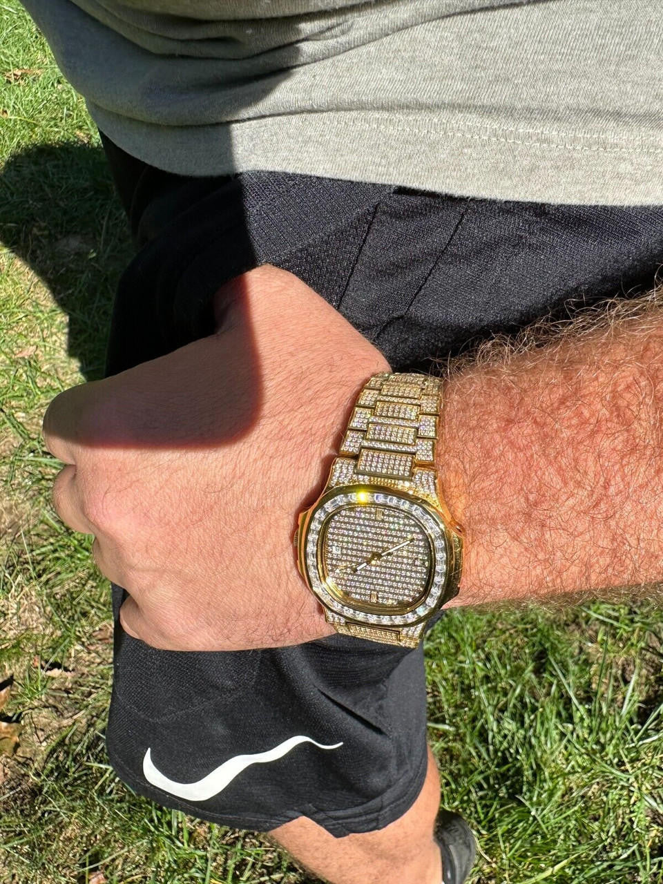 Real Mens Baguette 14k Gold Real MOISSANITE Watch Iced Automatic Movement HipHop
