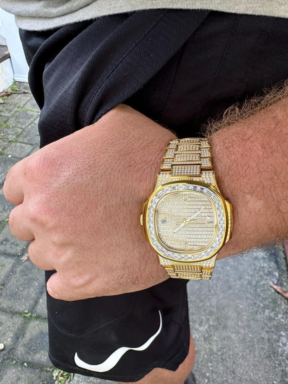 Real Mens Baguette 14k Gold Real MOISSANITE Watch Iced Automatic Movement HipHop