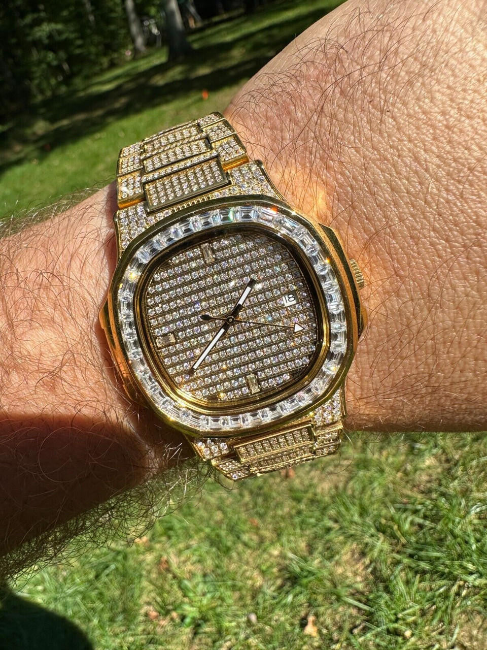 Real Mens Baguette 14k Gold Real MOISSANITE Watch Iced Automatic Movement HipHop