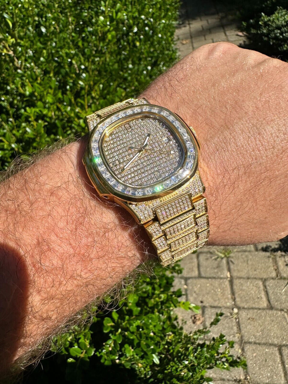 Real Mens Baguette 14k Gold Real MOISSANITE Watch Iced Automatic Movement HipHop