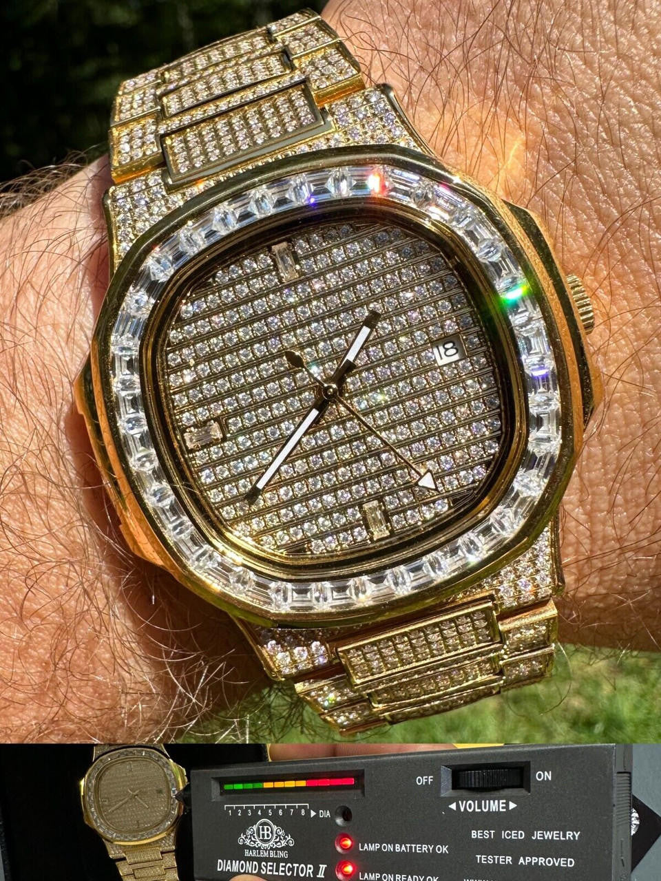 Real Mens Baguette 14k Gold Real MOISSANITE Watch Iced Automatic Movement HipHop