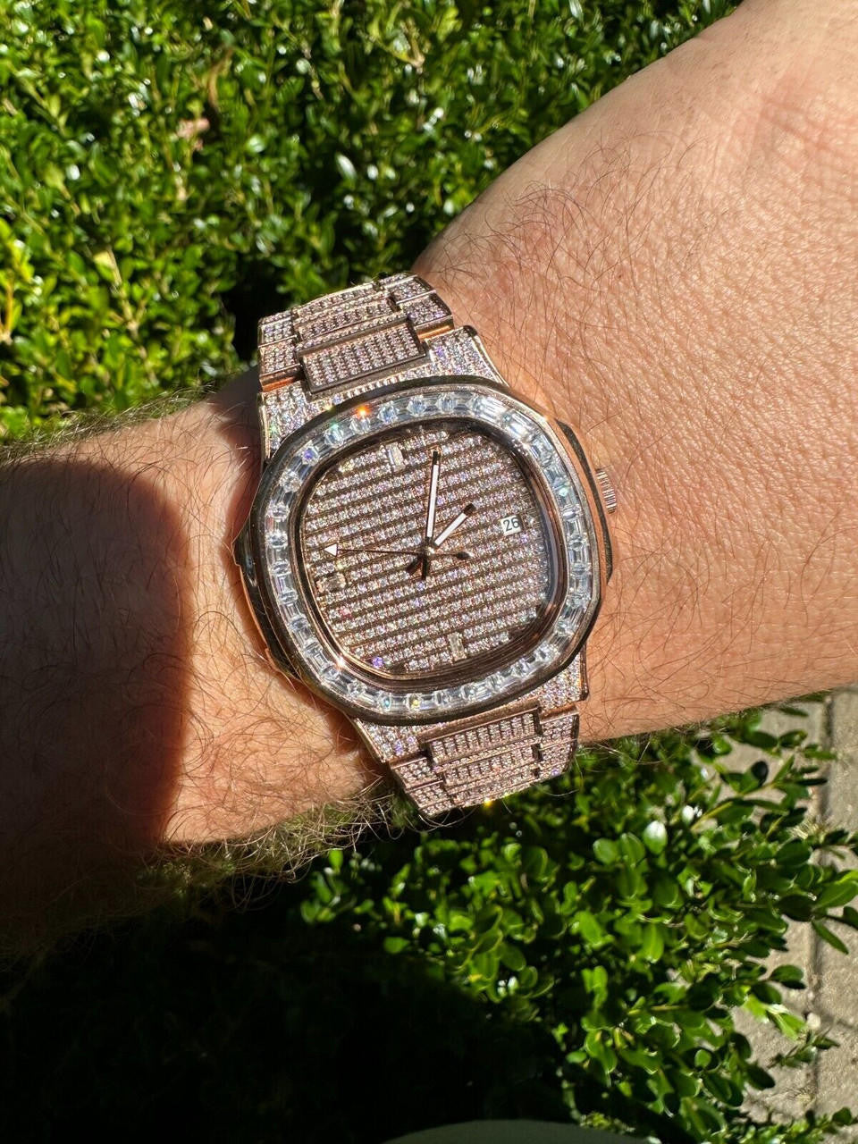 Real Mens Baguette 14k Rose Gold Real MOISSANITE Watch Iced Automatic Movement