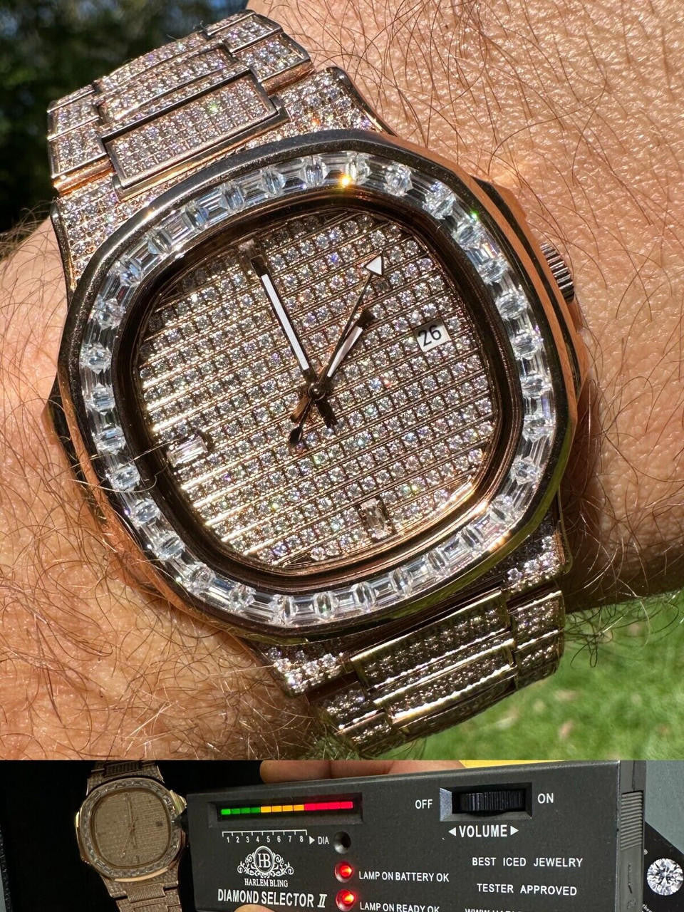 Real Mens Baguette 14k Rose Gold Real MOISSANITE Watch Iced Automatic Movement