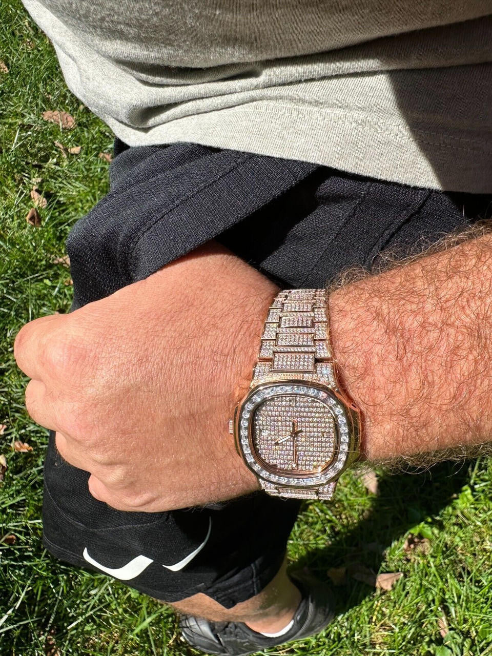 Real Mens Baguette 14k Rose Gold Real MOISSANITE Watch Iced Automatic Movement