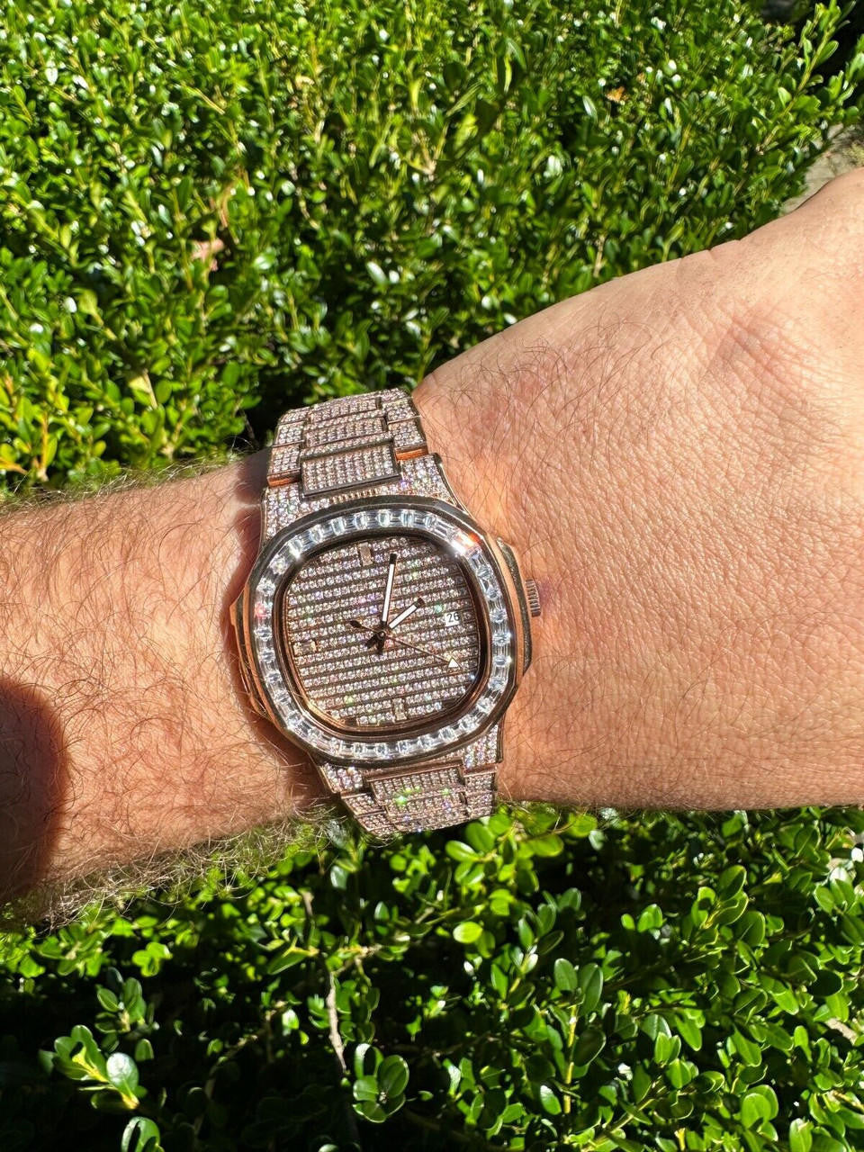 Real Mens Baguette 14k Rose Gold Real MOISSANITE Watch Iced Automatic Movement