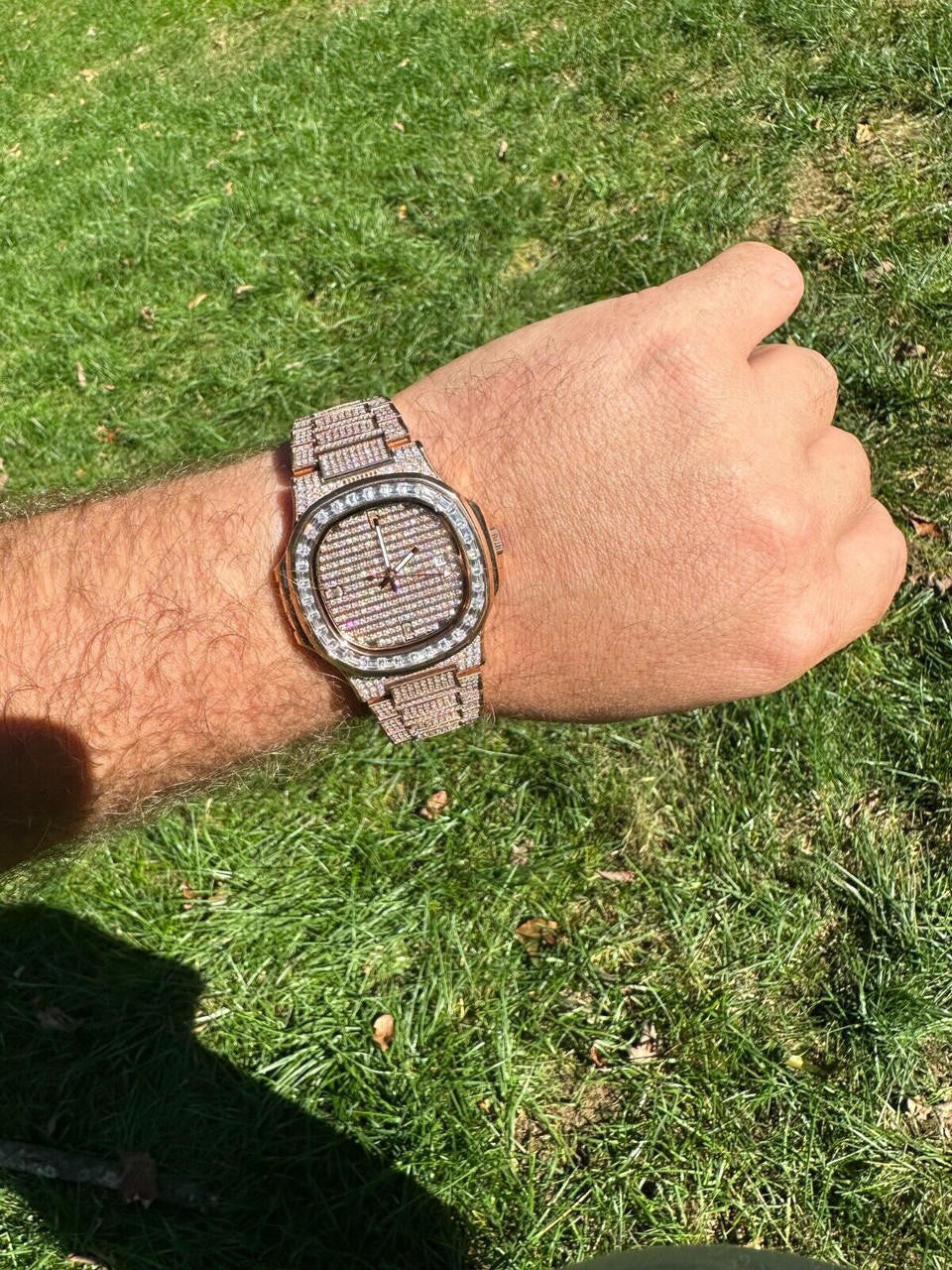 Real Mens Baguette 14k Rose Gold Real MOISSANITE Watch Iced Automatic Movement