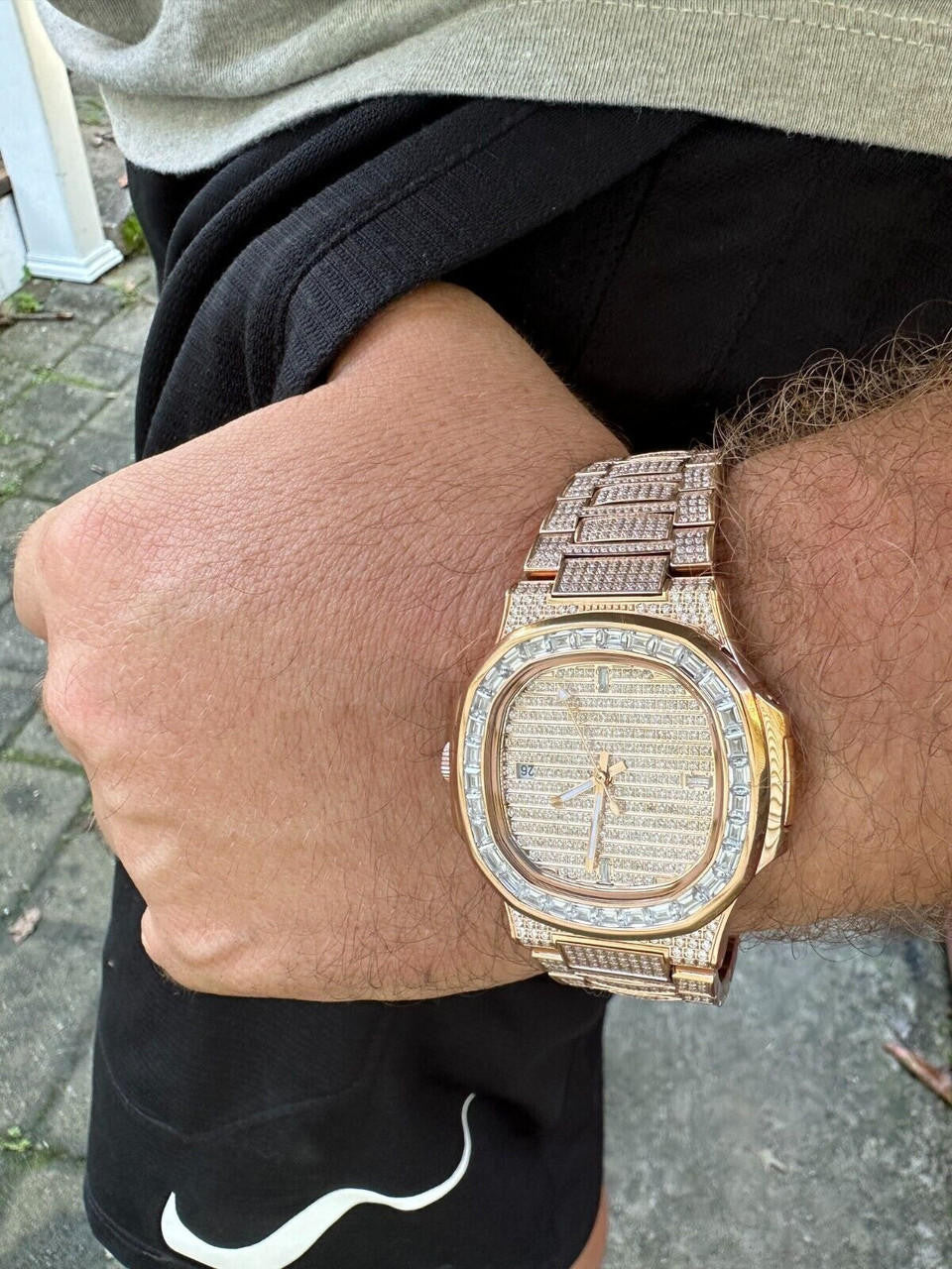 Real Mens Baguette 14k Rose Gold Real MOISSANITE Watch Iced Automatic Movement