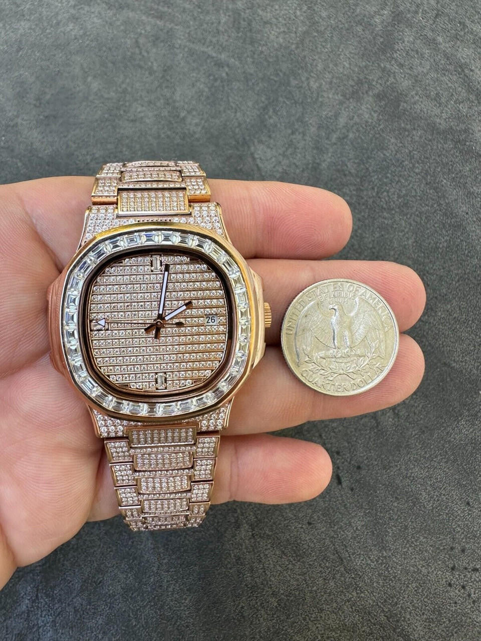Real Mens Baguette 14k Rose Gold Real MOISSANITE Watch Iced Automatic Movement