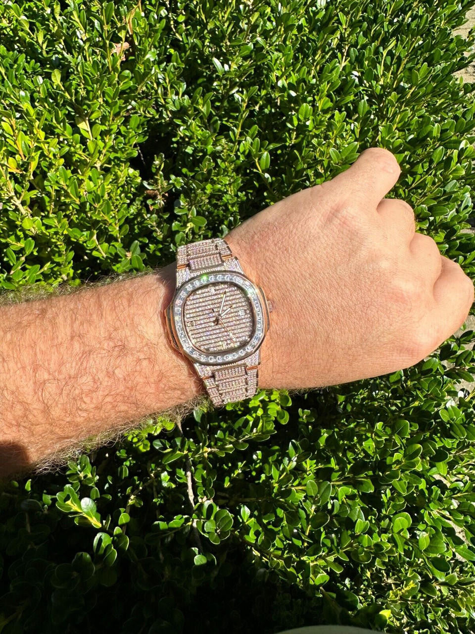 Real Mens Baguette 14k Rose Gold Real MOISSANITE Watch Iced Automatic Movement