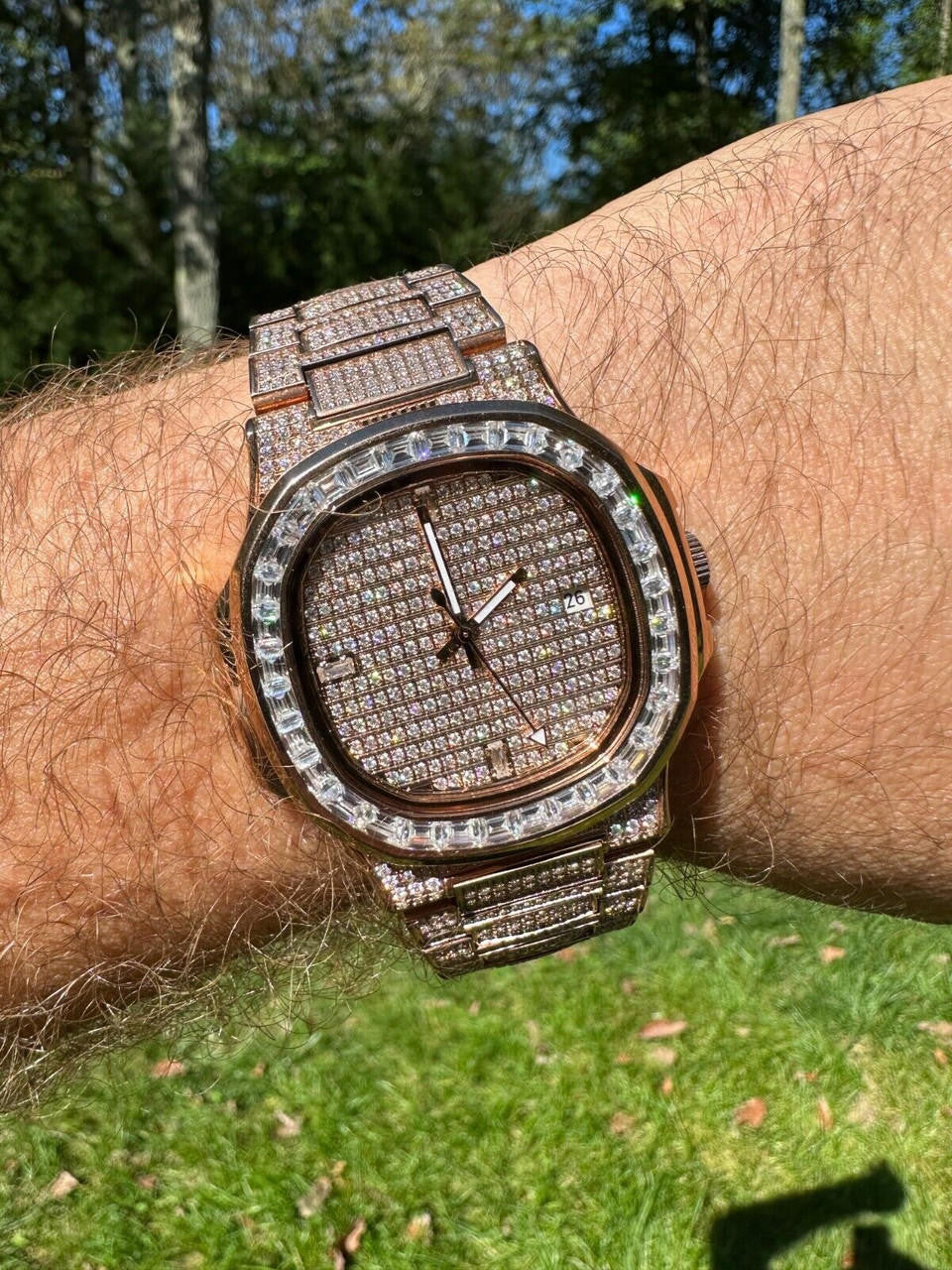 Real Mens Baguette 14k Rose Gold Real MOISSANITE Watch Iced Automatic Movement